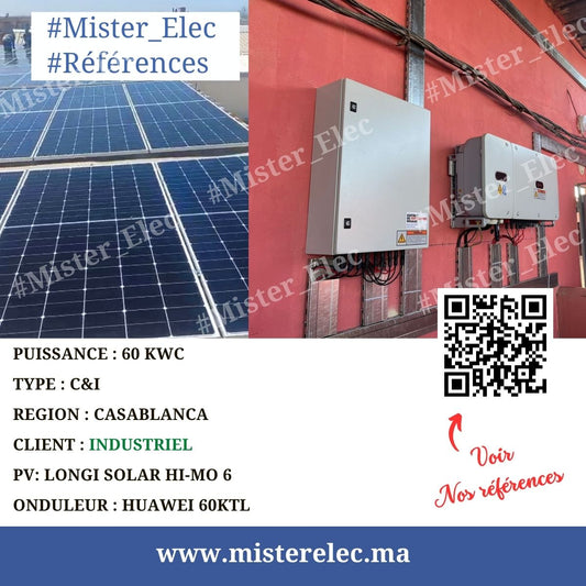 Centrale Solaire ON GRID 60KW pour notre partenaire Industriel dans la région de CASABLANCA